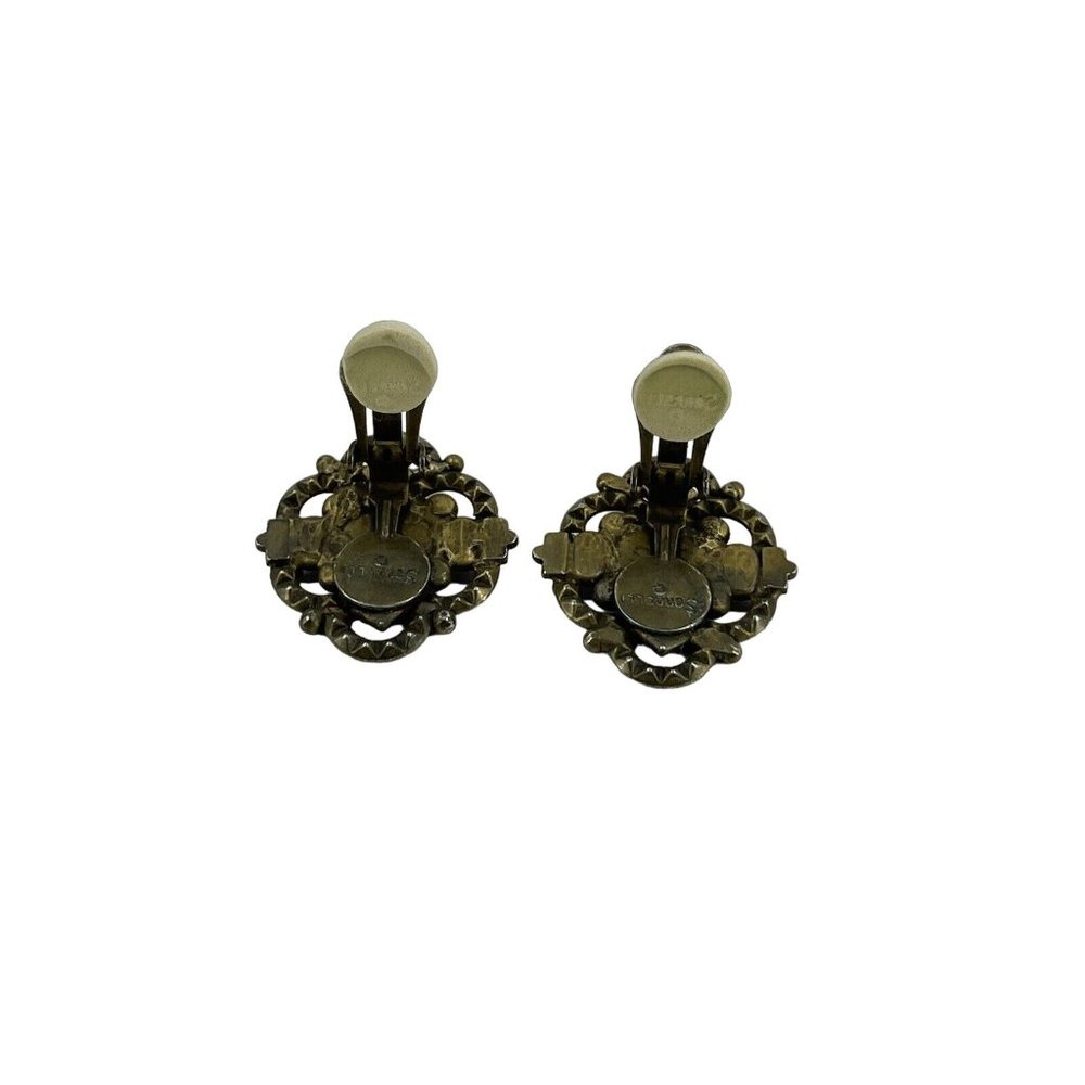 Vintage Signed Sorrelli Unakite Amber Rhinestone Gold Tone Clip On Earrings - Picture 6 of 7